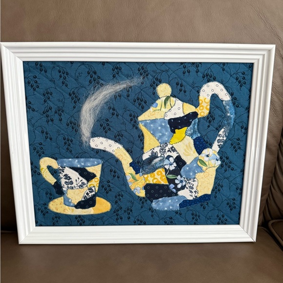 NEW! Handmade Framed Fabric Art - Tea Kettle & Cup - Picture 1 of 4